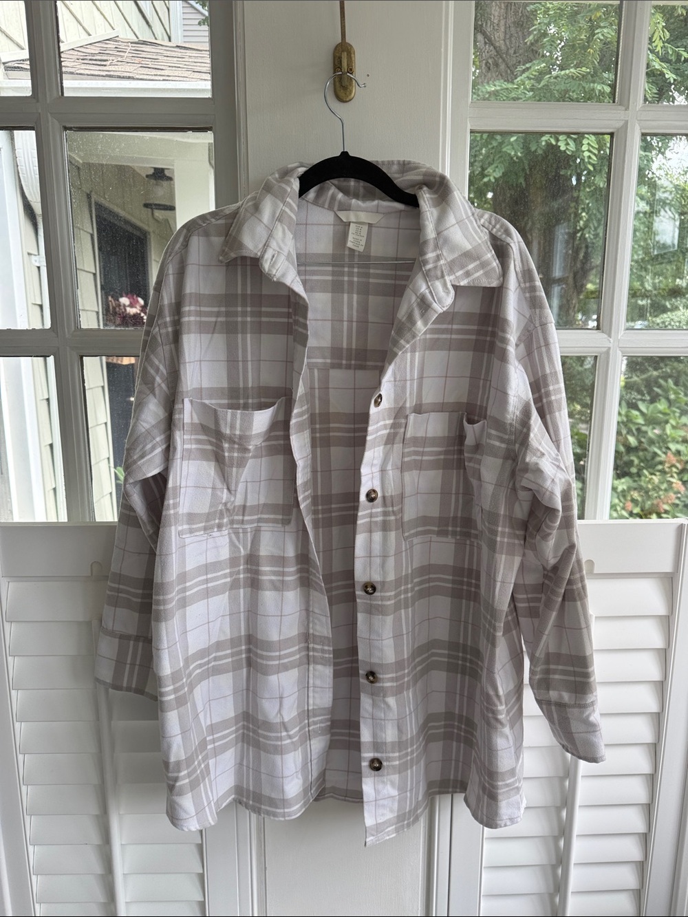 H&M Plaid Hooded Utility Shirt Jacket in Light Taupe and White Medium Women